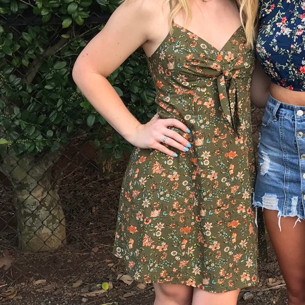 Army green sundress with a cute flowery print